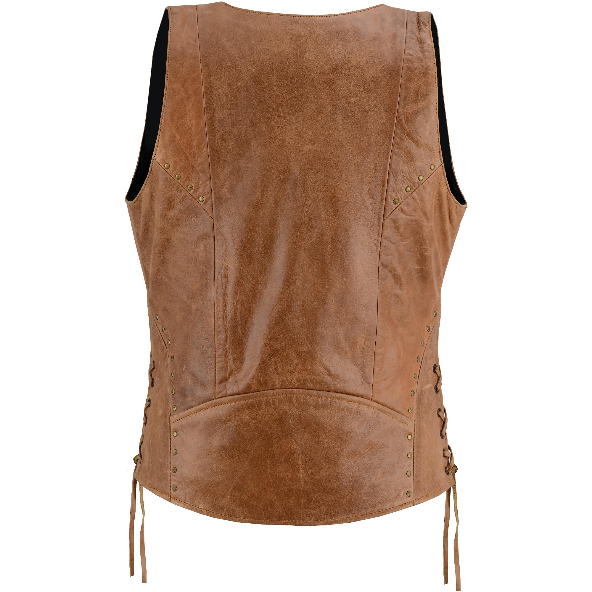 Women's Brown Zippered Leather Vest with Lacing Details-Womens Leather Vests-Daniel Smart Mfg - Retail