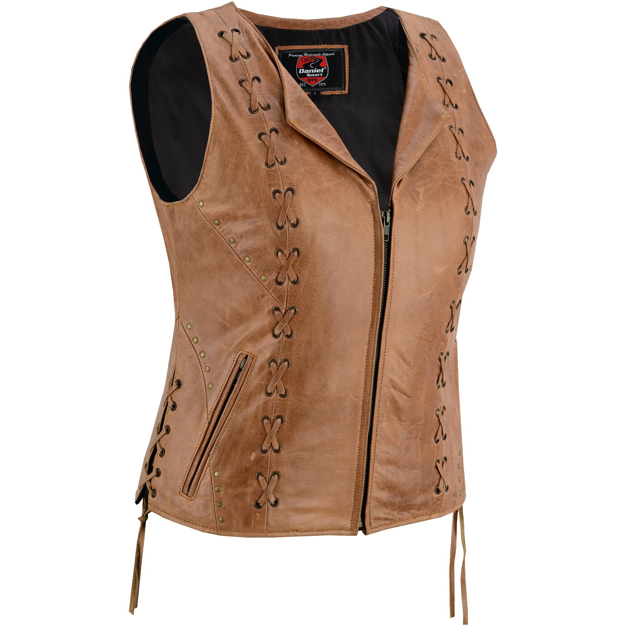 Women's Brown Zippered Leather Vest with Lacing Details-Womens Leather Vests-Daniel Smart Mfg - Retail
