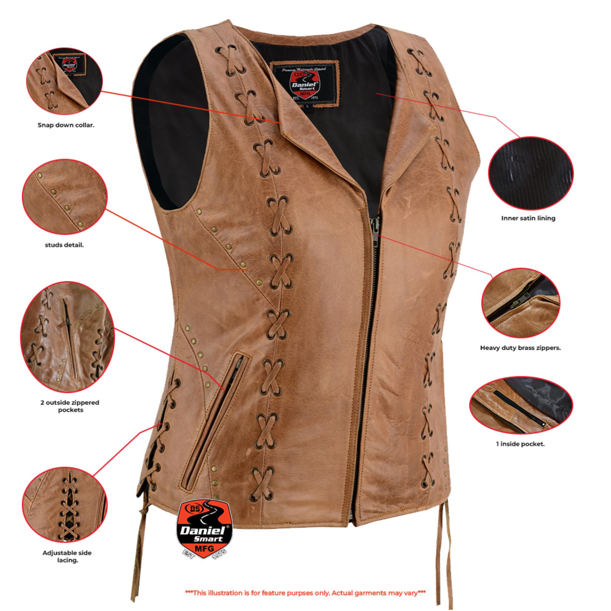 Women's Brown Zippered Leather Vest with Lacing Details-Womens Leather Vests-Daniel Smart Mfg - Retail