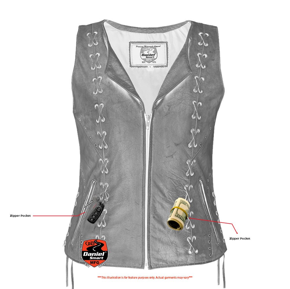 Women's Brown Zippered Leather Vest with Lacing Details-Womens Leather Vests-Daniel Smart Mfg - Retail
