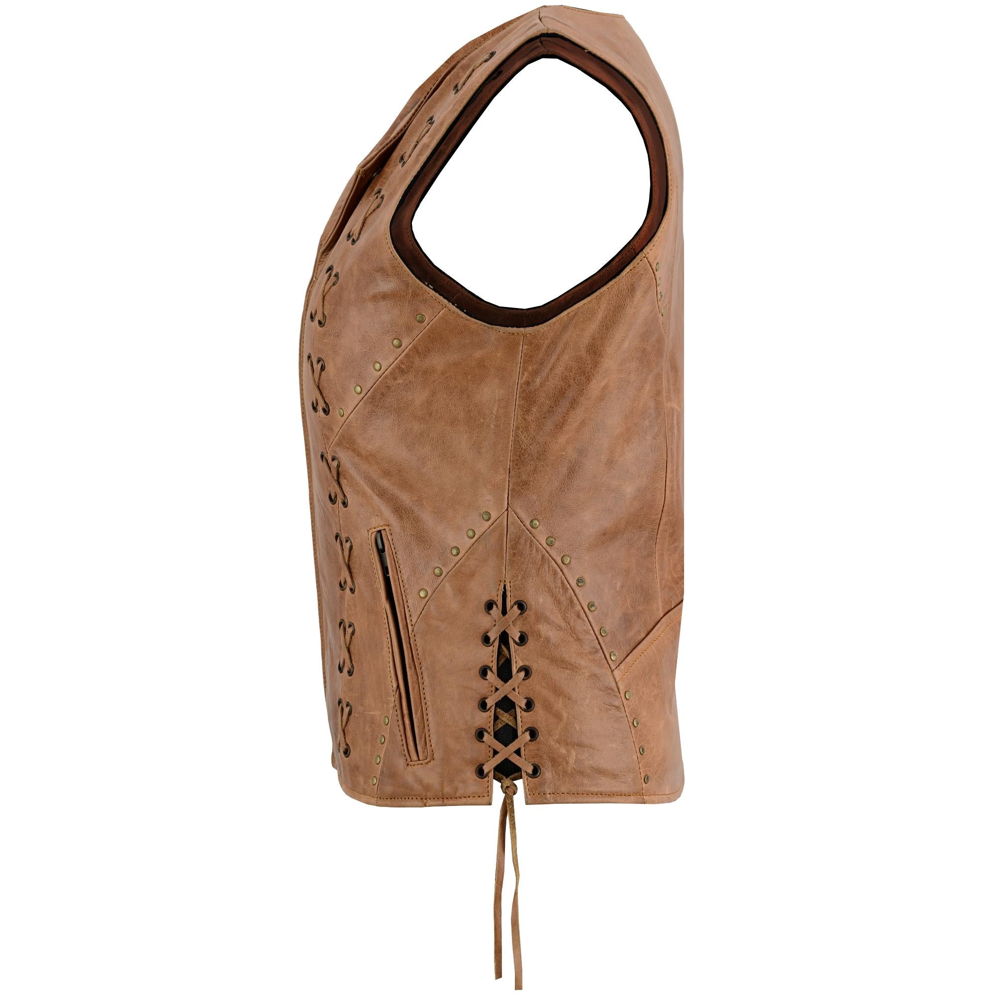 Women's Brown Zippered Leather Vest with Lacing Details-Womens Leather Vests-Daniel Smart Mfg - Retail