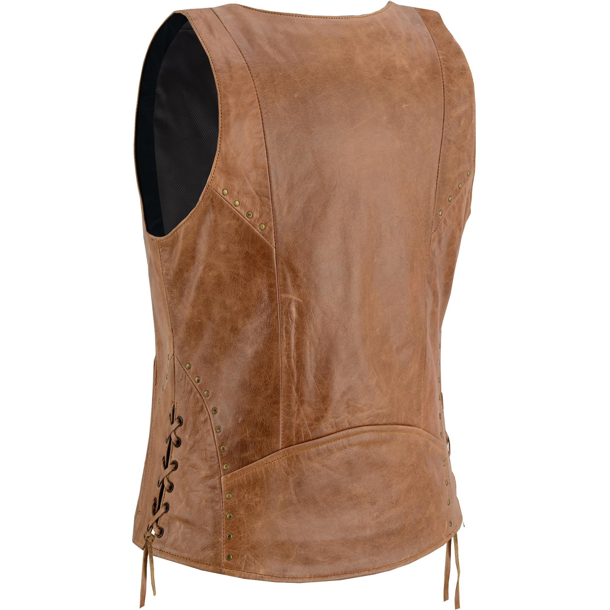 Women's Brown Zippered Leather Vest with Lacing Details-Womens Leather Vests-Daniel Smart Mfg - Retail