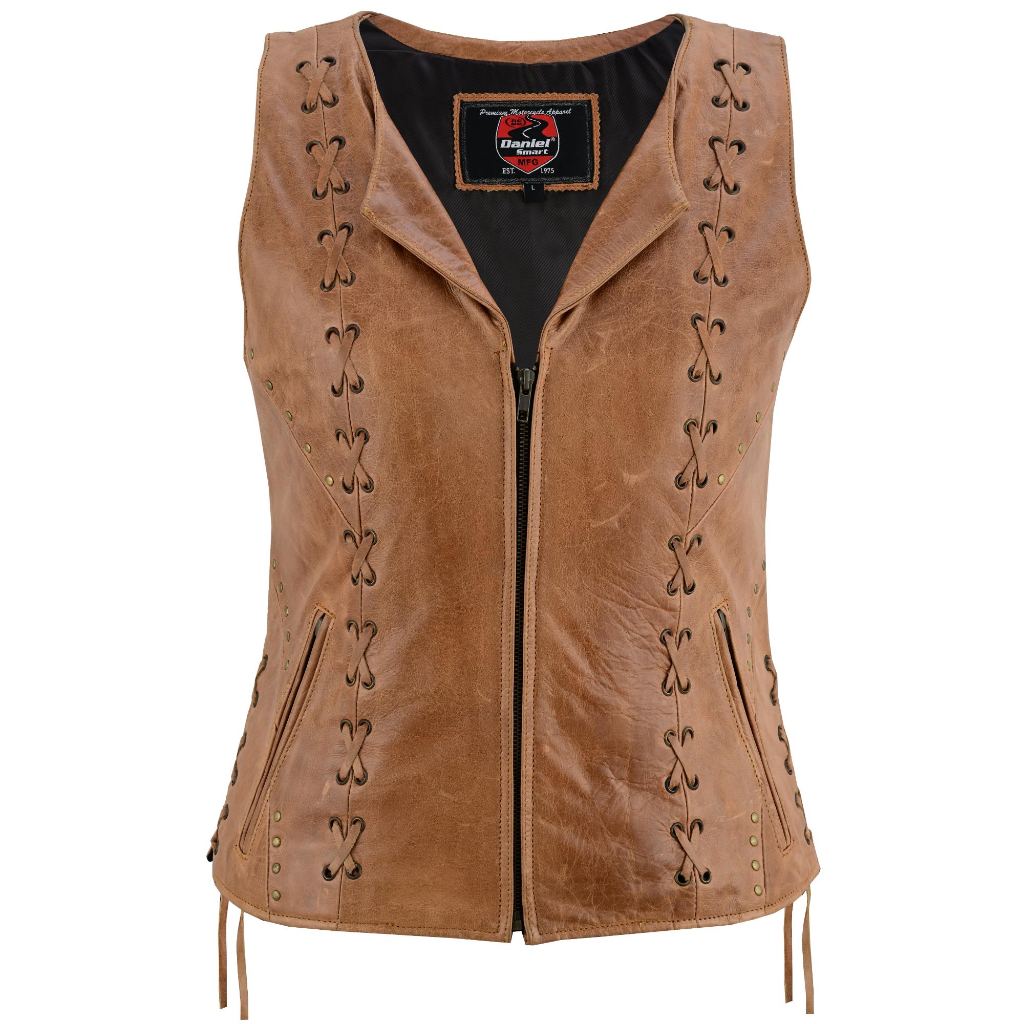 Women's Brown Zippered Leather Vest with Lacing Details-Womens Leather Vests-Daniel Smart Mfg - Retail