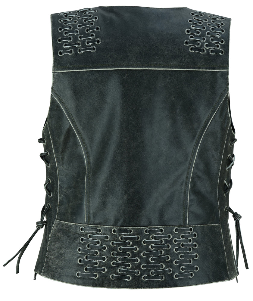Women's Gray Leather Vest with Grommet and Lacing Accents-Womens Leather Vests-Daniel Smart Mfg - Retail