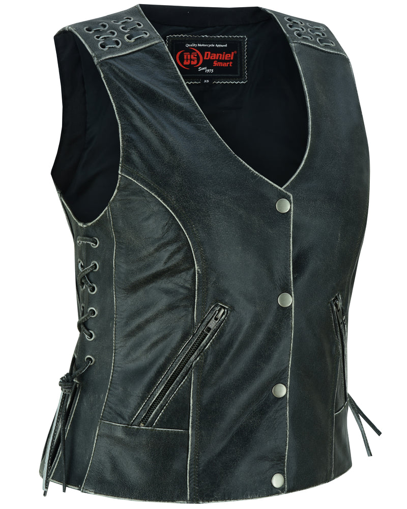 Women's Gray Leather Vest with Grommet and Lacing Accents-Womens Leather Vests-Daniel Smart Mfg - Retail
