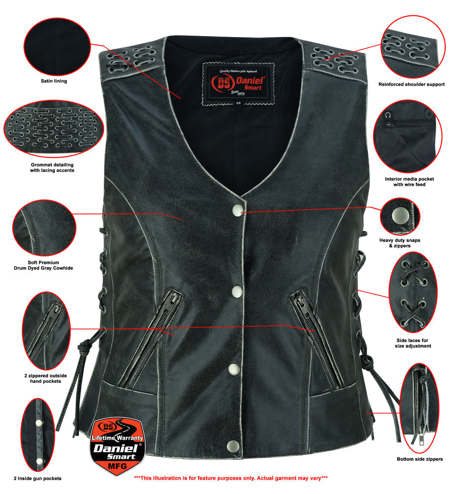 Women's Gray Leather Vest with Grommet and Lacing Accents-Womens Leather Vests-Daniel Smart Mfg - Retail
