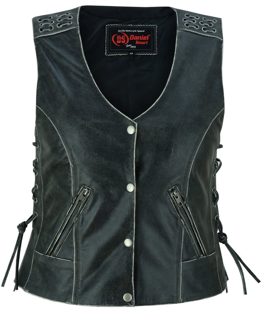 Women's Gray Leather Vest with Grommet and Lacing Accents-Womens Leather Vests-Daniel Smart Mfg - Retail