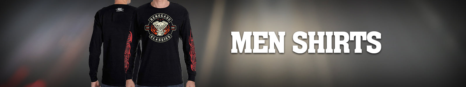 Black long-sleeve shirt with motorcycle engine graphic and "Renegade Classics" text on the back and sleeves.