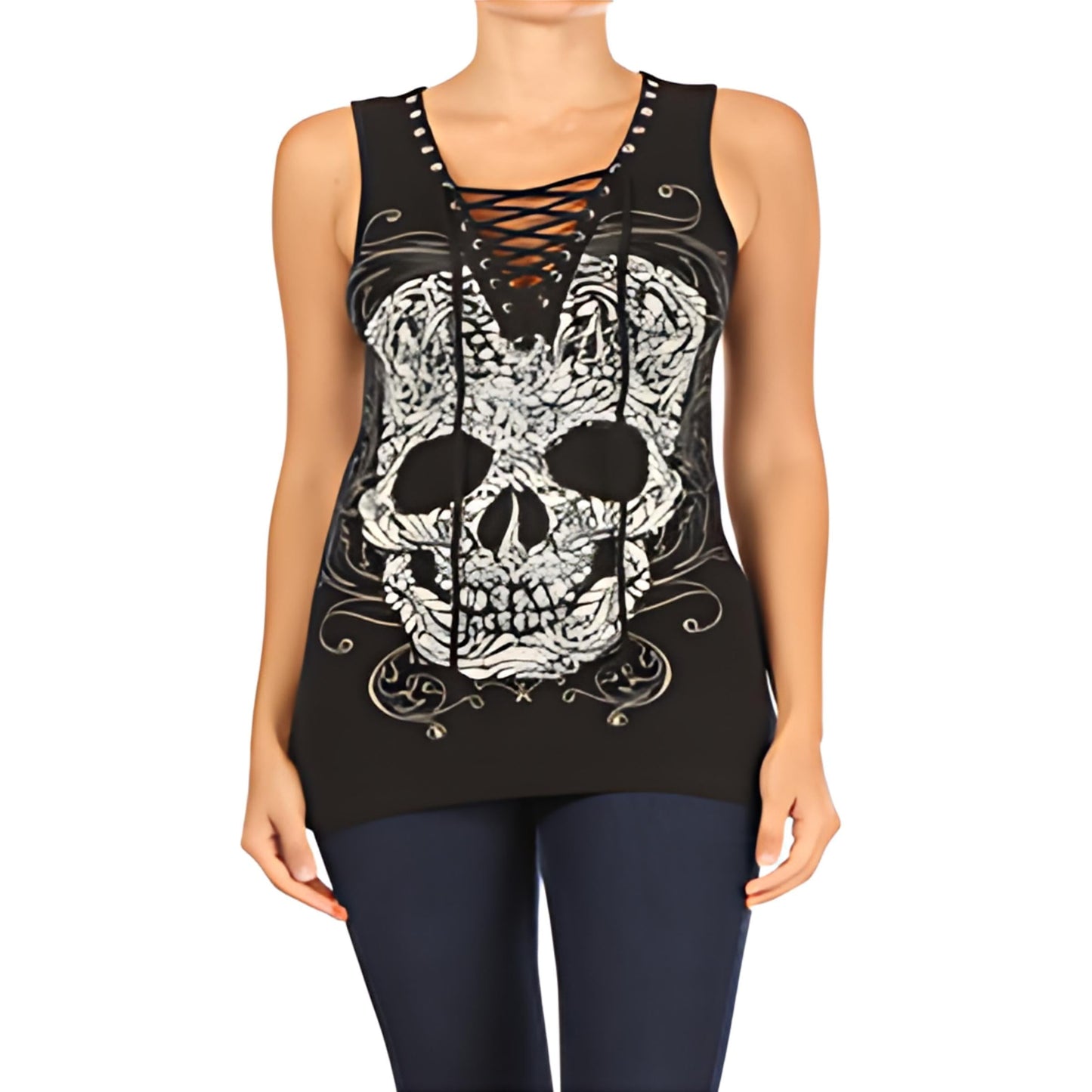 2225 BLACK Baroque Skull Graphic Tank Top-Daniel Smart Mfg - Retail