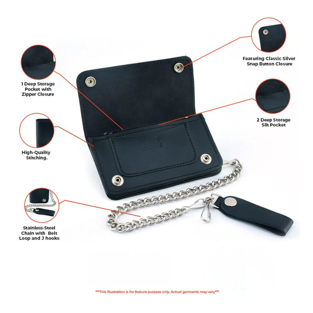 Black Leather Long Bi-Fold Biker Chain Wallet
