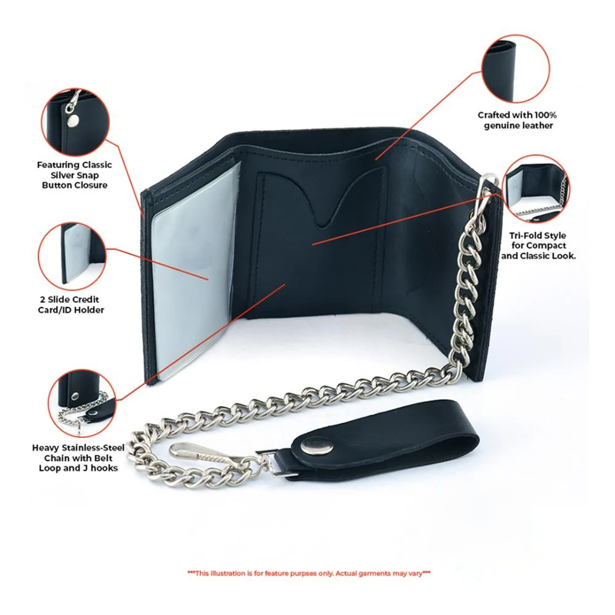 Black Tri-Fold Genuine Leather Wallet with Chain