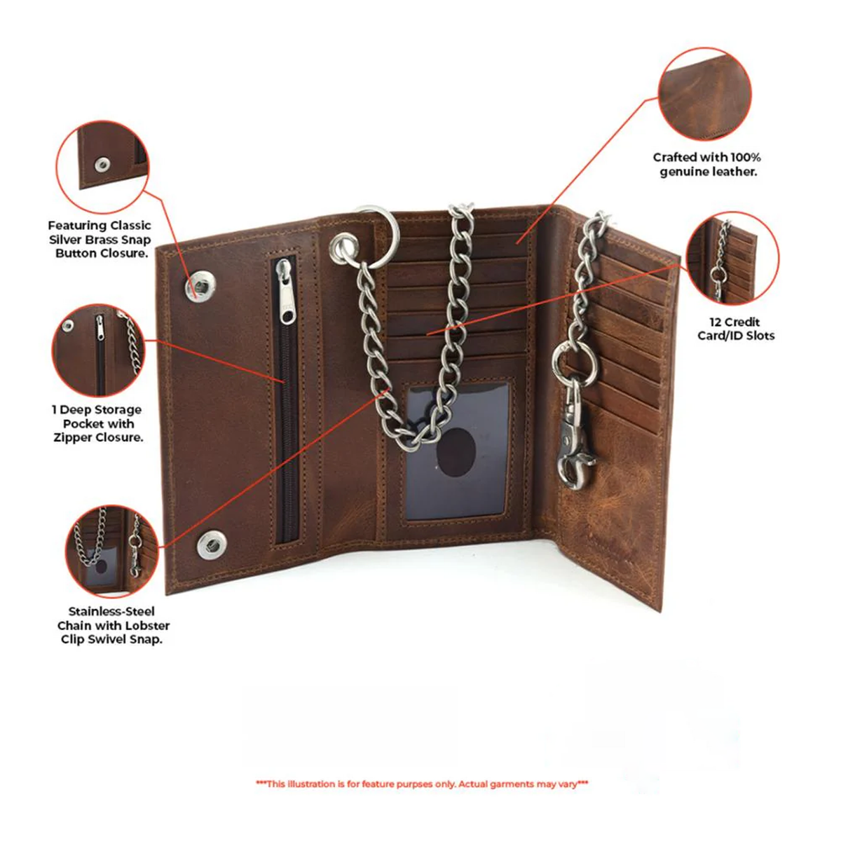 Brown Long Bi-Fold Biker Leather Chain Wallet