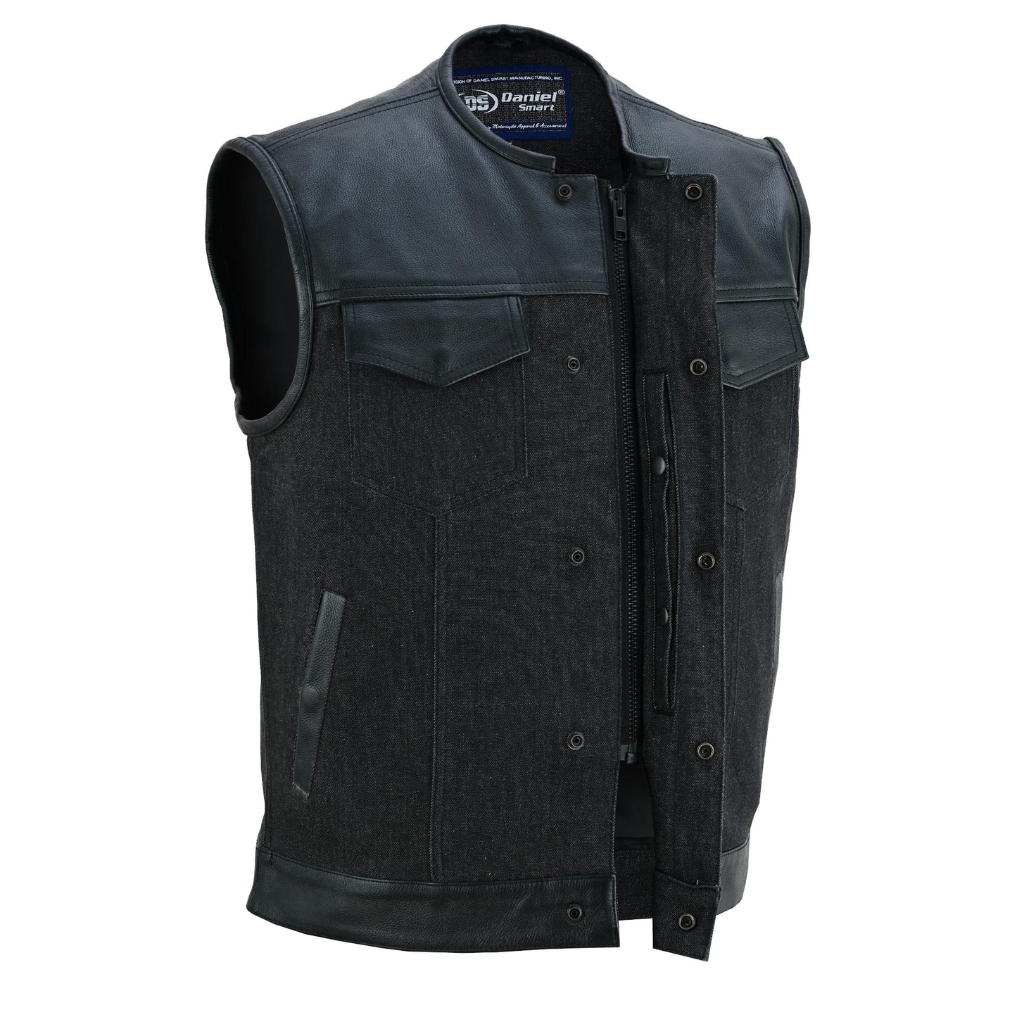 DM901 Men's Leather/Denim Combo Vest Without Collar