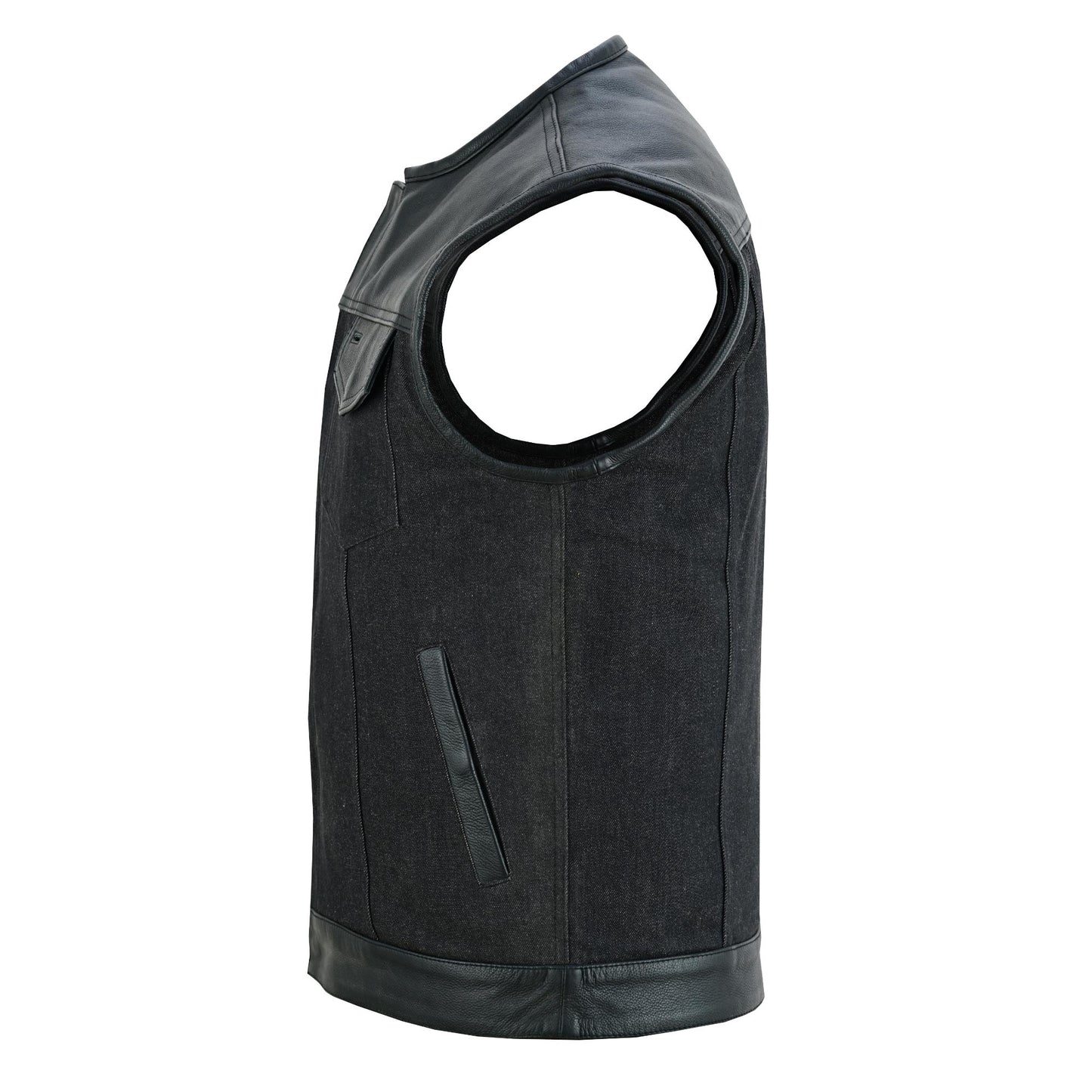 DM901 Men's Leather/Denim Combo Vest Without Collar