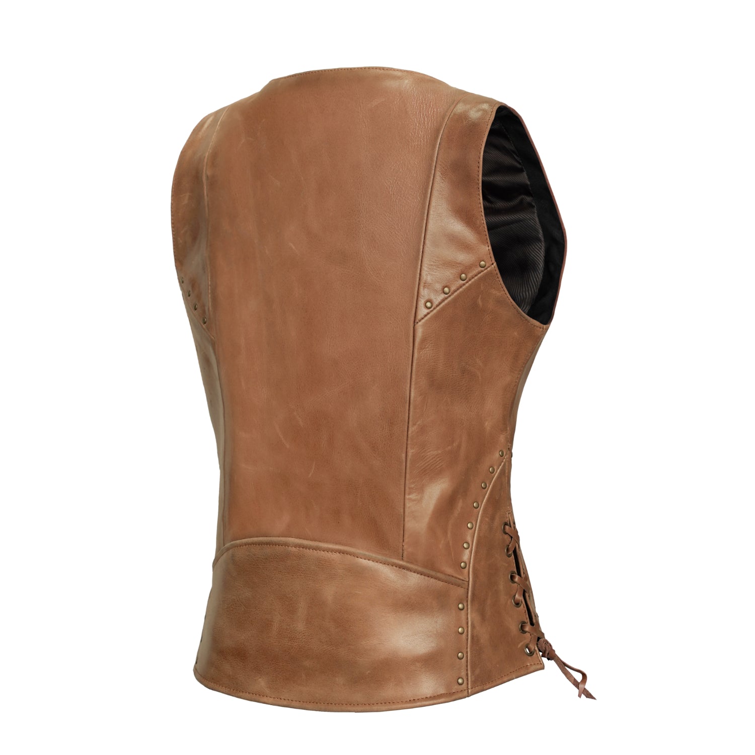 Women's Brown Zippered Leather Motorcycle Vest with Lacing Details
