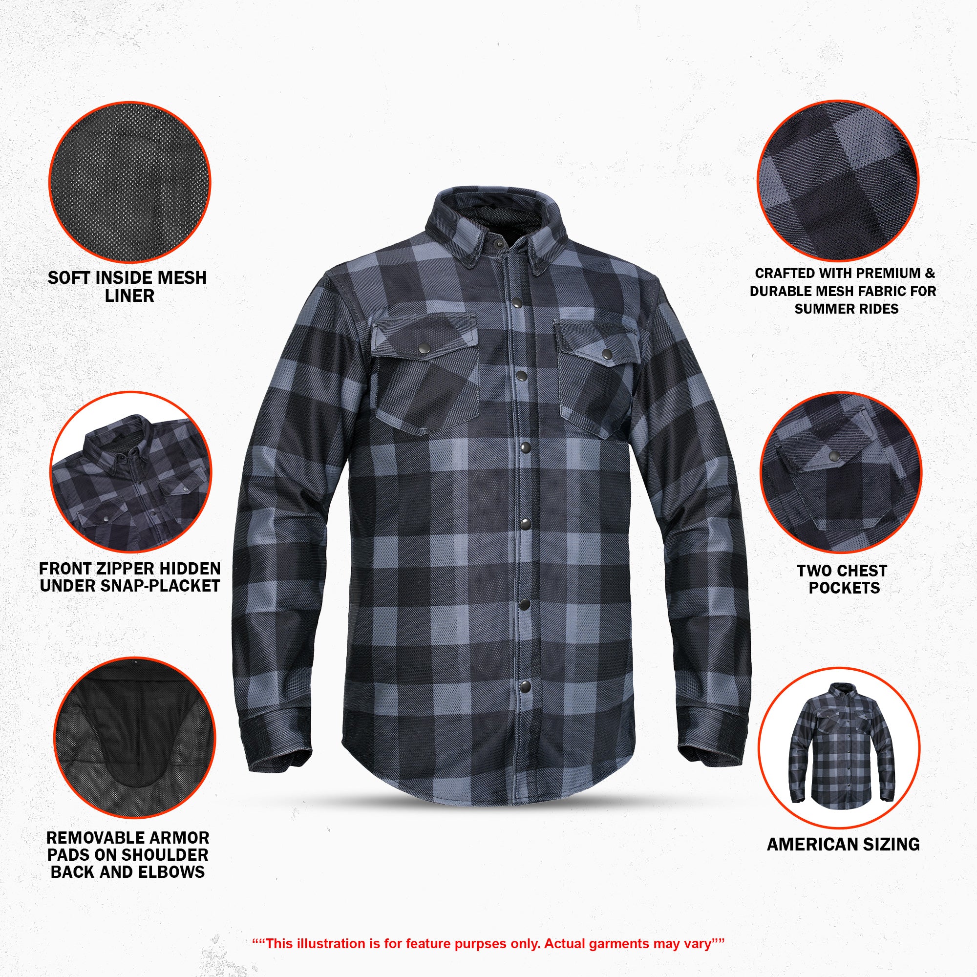 Moss Creek - Men's Mesh Armored Motorcycle Flannel Shirt - Gray & Black
