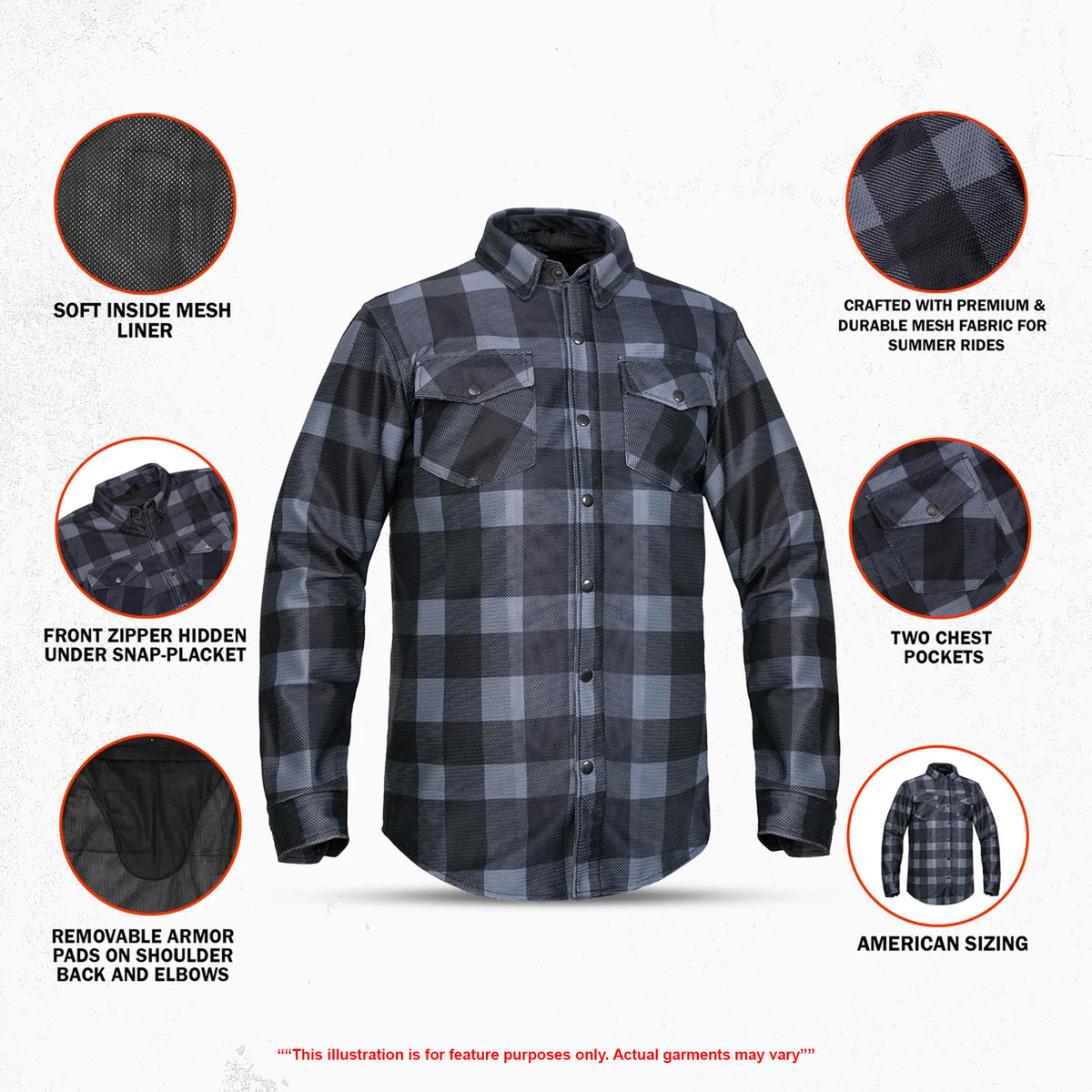 Moss Creek - Men's Mesh Armored Motorcycle Flannel Shirt - Gray & Black