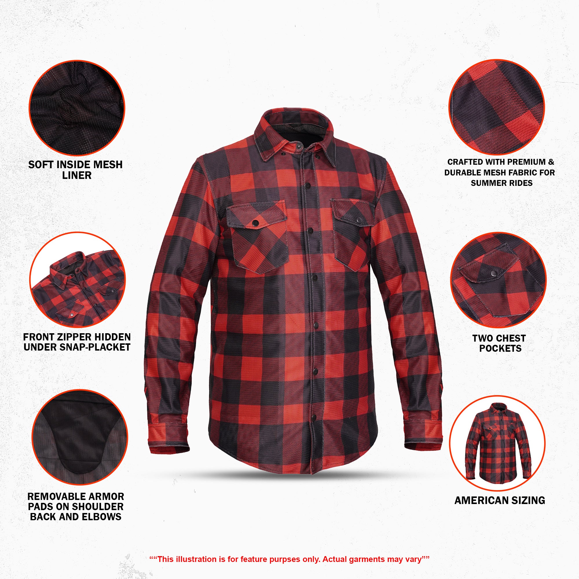 Revline - Men's Mesh Armored Motorcycle Flannel Shirt – Red & Black