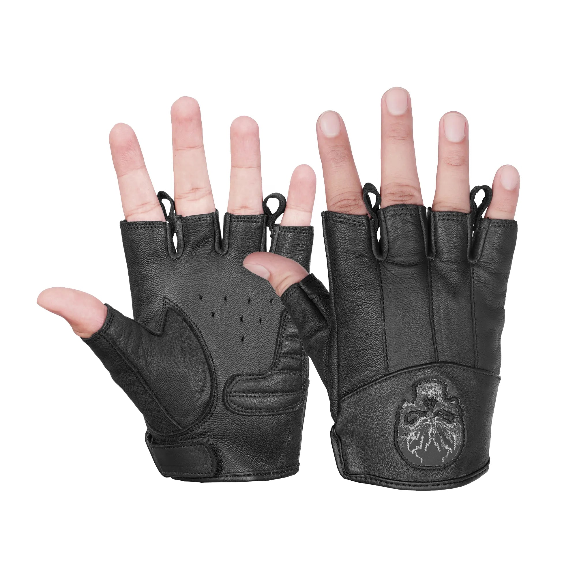 Reflective Skull - Men's Leather Motorcycle Fingerless Gloves