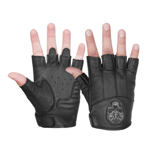 Reflective Skull - Men's Leather Motorcycle Fingerless Gloves