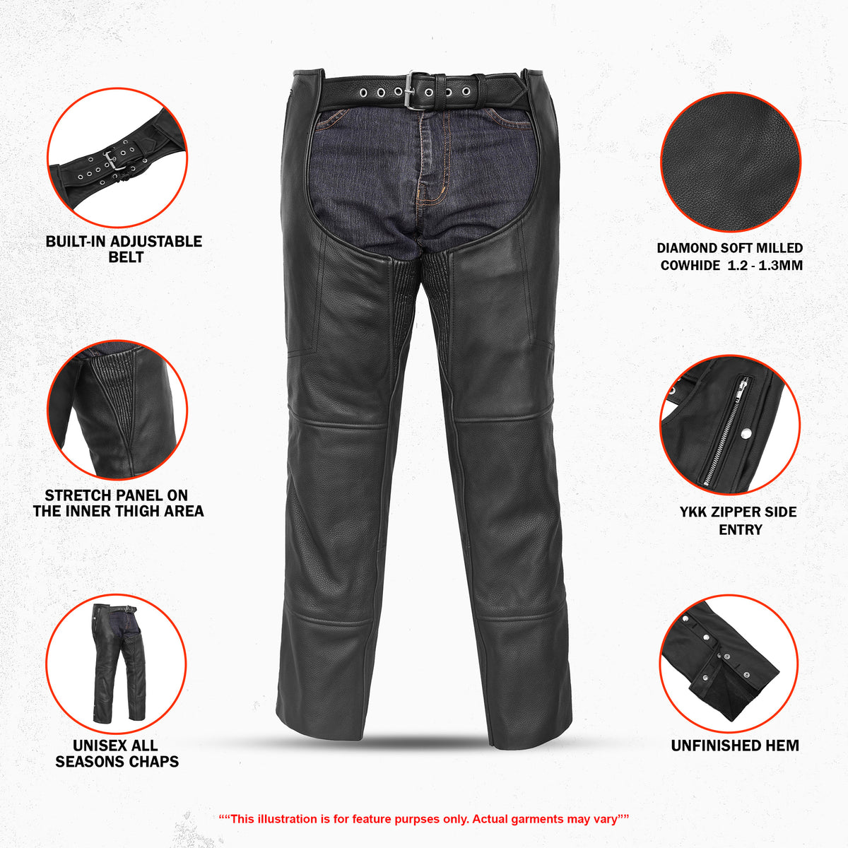 Unisex Double Deep Pocket Thermal Lined Leather Motorcycle Chaps