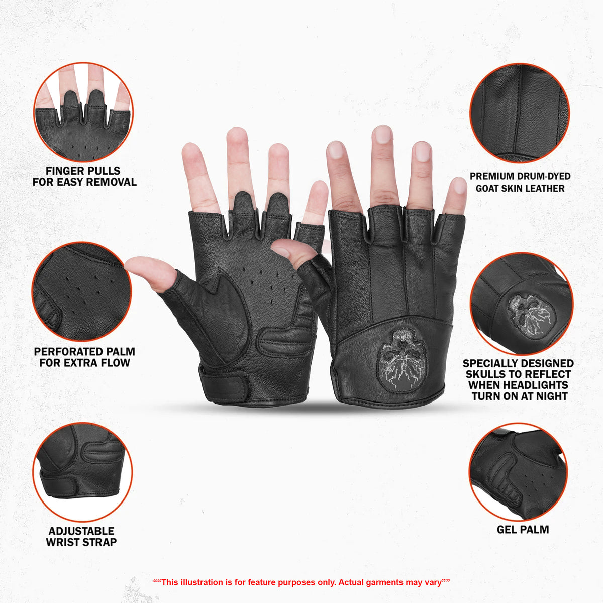 Reflective Skull - Men's Leather Motorcycle Fingerless Gloves