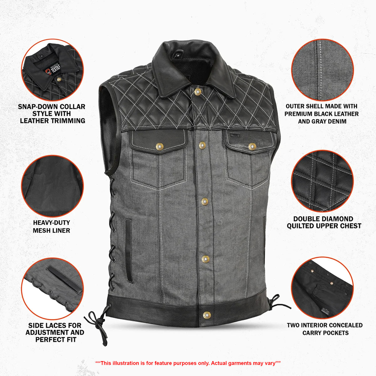 Gray Gunner™ Men’s Denim Motorcycle Vest - Leather Edition