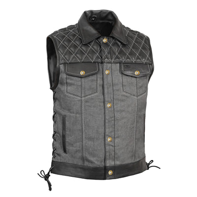 Gray Gunner™ Men’s Denim Motorcycle Vest - Leather Edition