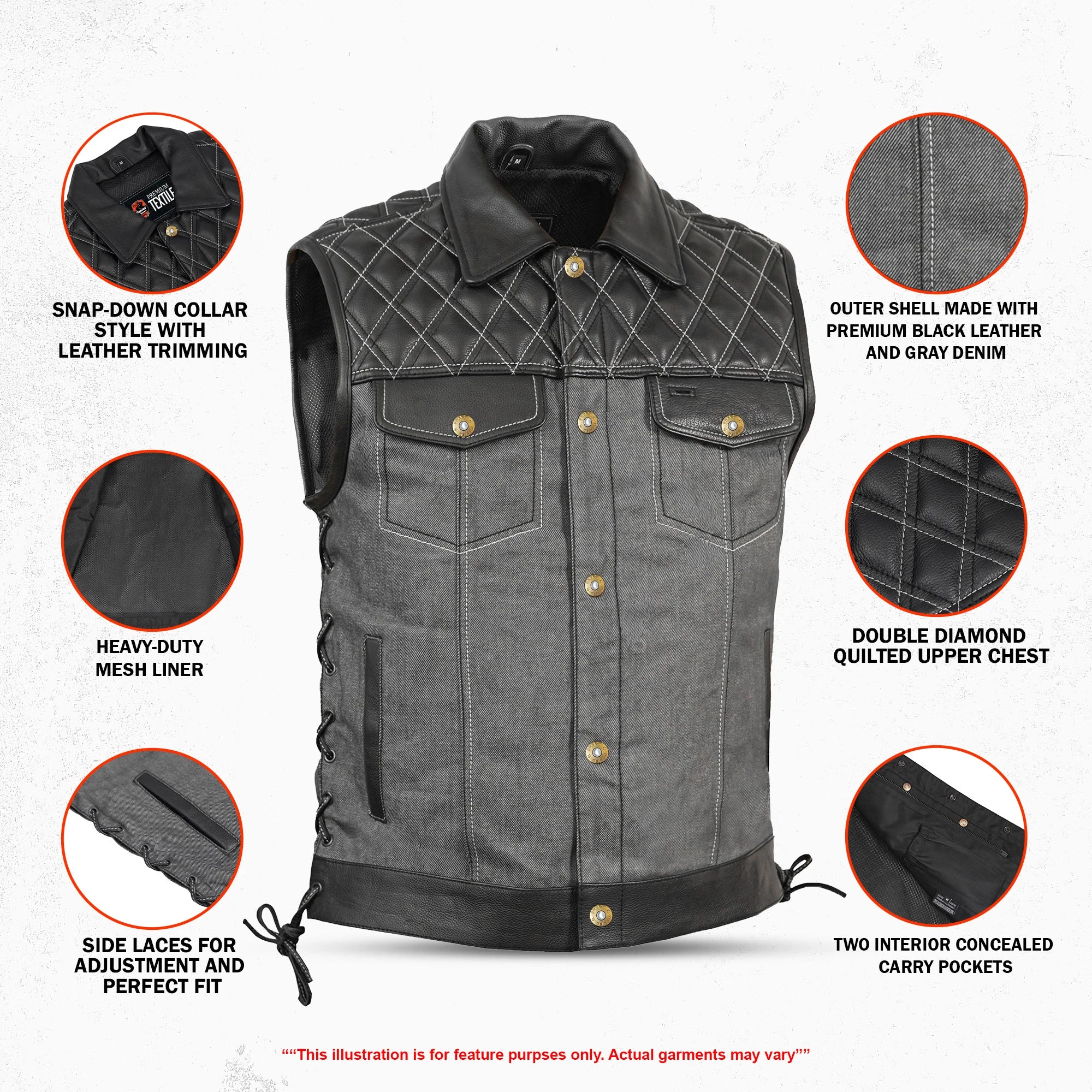 Gray Gunner™ Men’s Denim Motorcycle Vest - Leather Edition