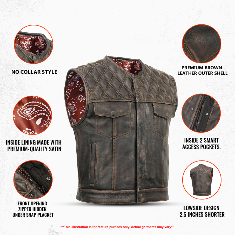 thumbnail image 2 of Men's Canvas Motorcycle Vest With Distressed Brown Leather Trim – Gun Pockets & Concealed Carry – Sizes 42-60 2 of 6