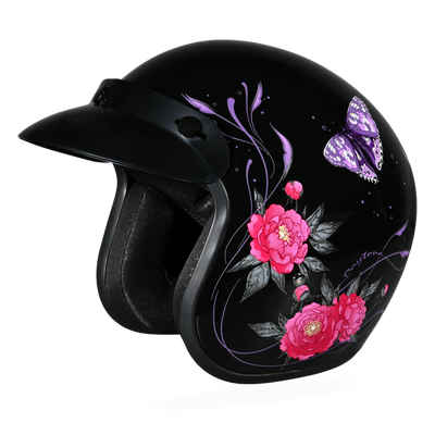 DOT Approved Daytona Cruiser Open Face Motorcycle Helmet - Men, Women & Youth - With Visor & Graphics - W/ Butterfly