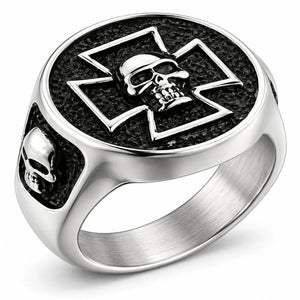 Stainless Steel Iron Cross Skull Biker Ring