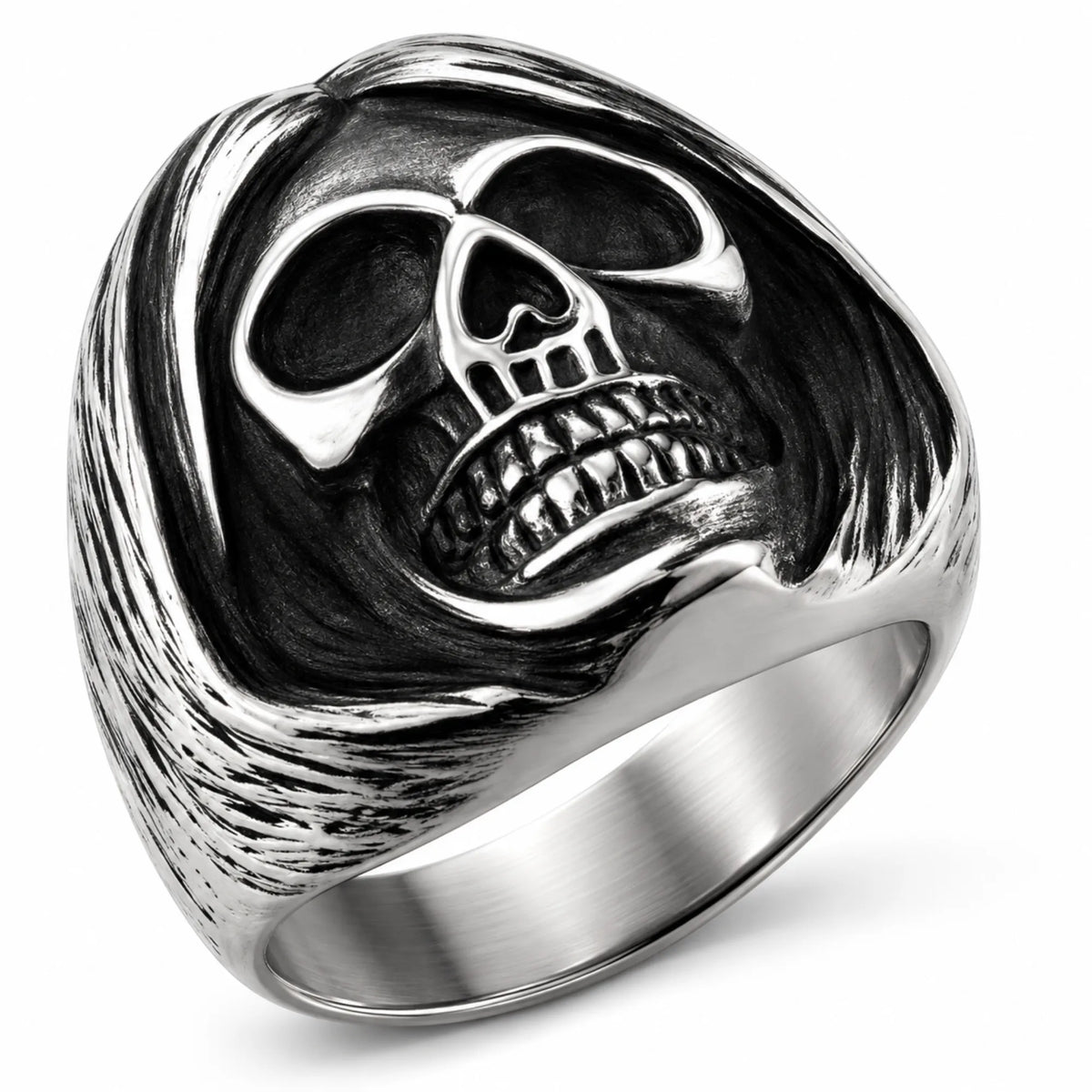 Stainless Steel Sleepy Head Skull Biker Ring