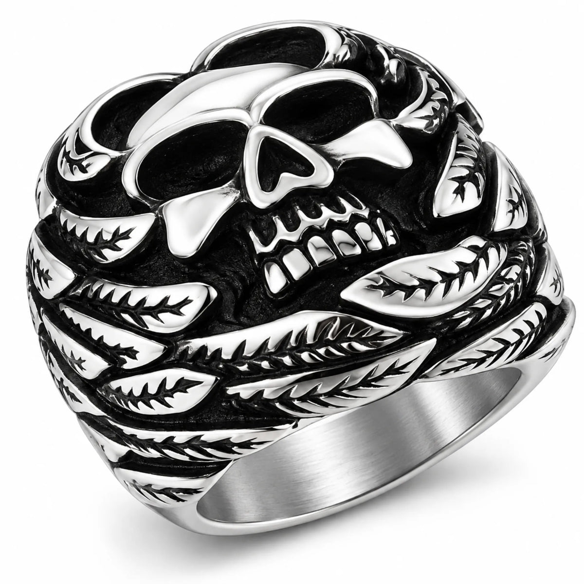 Stainless Steel Feather Face Skull Biker Ring