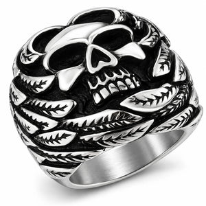 Stainless Steel Feather Face Skull Biker Ring