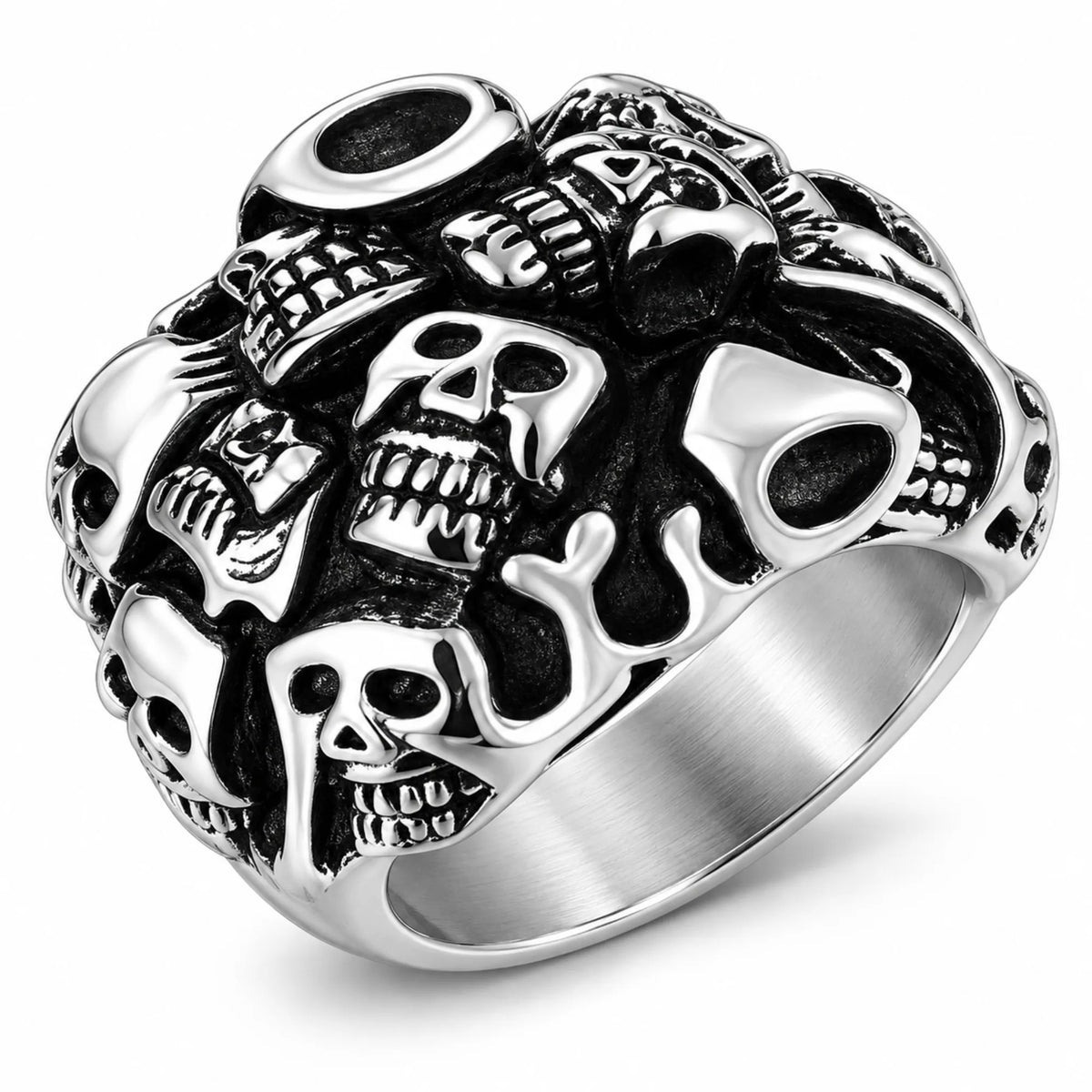 Stainless Steel Many Faces Skull Biker Ring