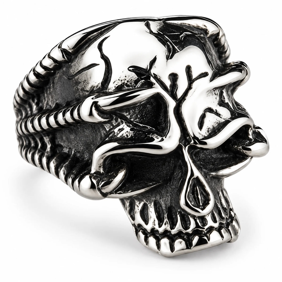 Stainless Steel Broken Skull Face Skull Biker Ring