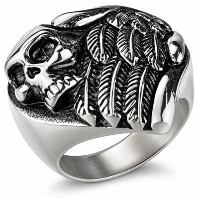 Stainless Steel Feather Wings Skull Biker Ring