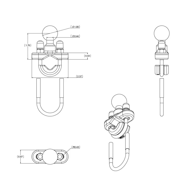RAM® Handlebar U-Bolt Base for Rails 0.5" to 1.25" in Diameter - B Size