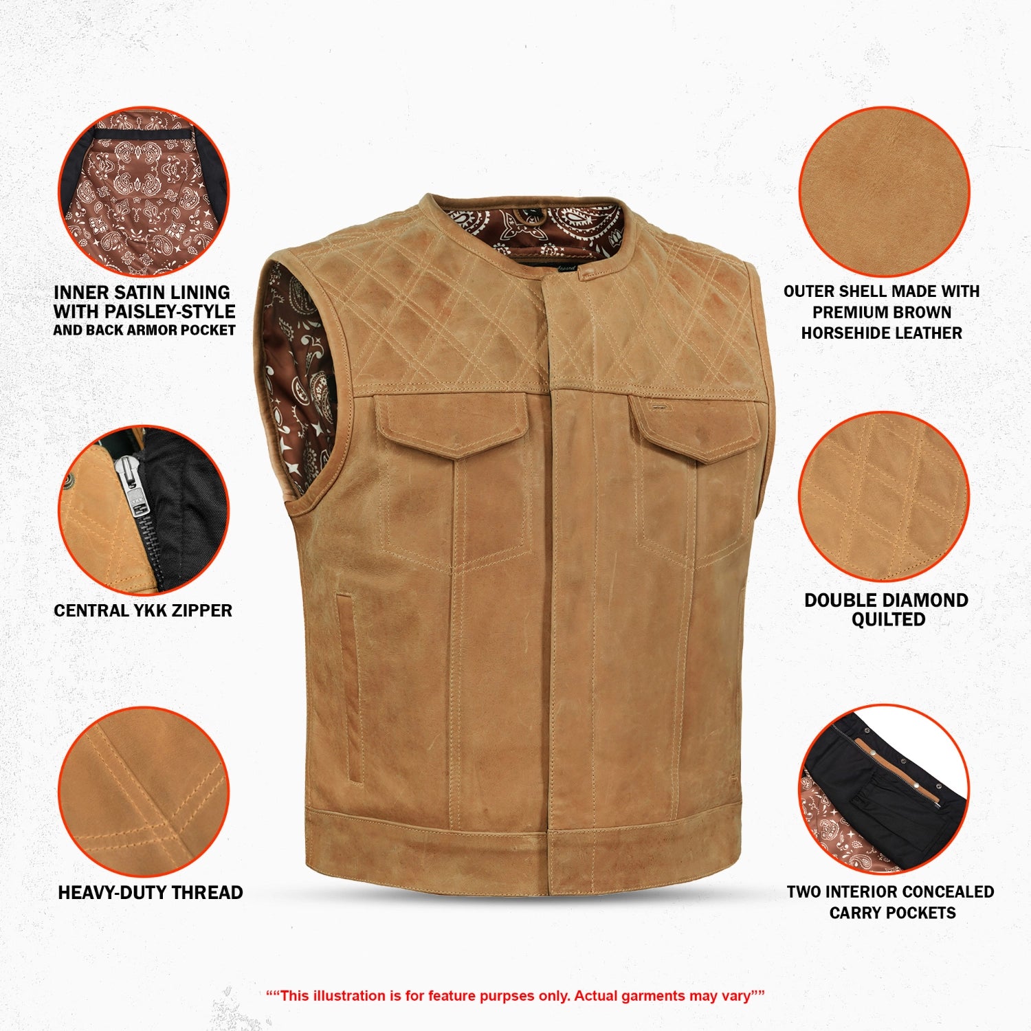 RIDERACT Men's Brown Suede Leather Motorcycle Vest - Biker Waistcoat, Lightweight