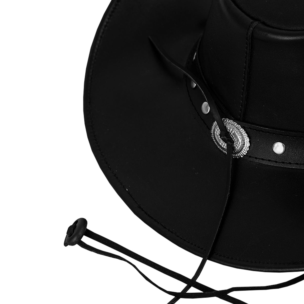 Boutique Faux Leather Hat In Black With Silver Trim Metal Chain And Badge O/S Handmade Black Leather Sailor Cap With Silver Chain: Rocker  main image 3