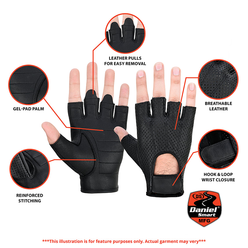 Daniel Smart Sporty Fingerless Black Leather Motorcycle Gloves (2XL