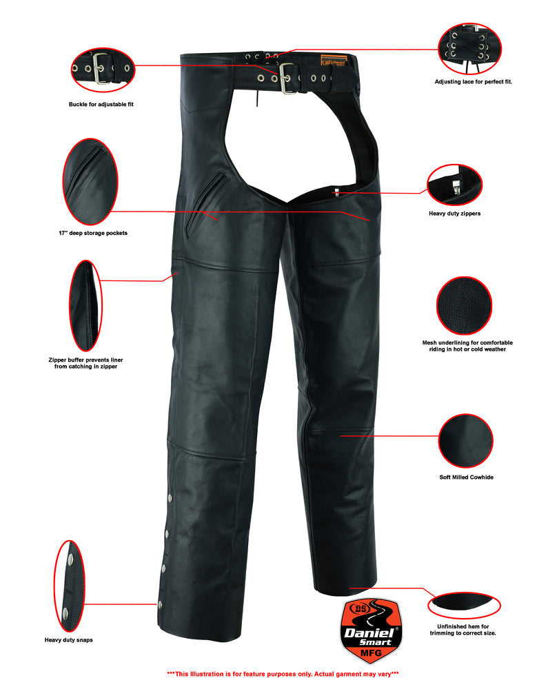 Unisex Dual Deep Pocket Leather Chaps - Black - M Unisex Dual Deep Pocket Leather Chaps - Black - M