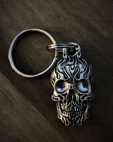 Flame Skull Keychain USA-Made Lead-Free Pewter