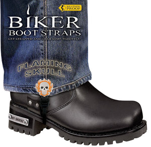 BBS/FS6 Weather Proof- Boot Straps- Flaming Skull- 6 Inch-Biker Boot Straps-Daniel Smart Mfg - Retail