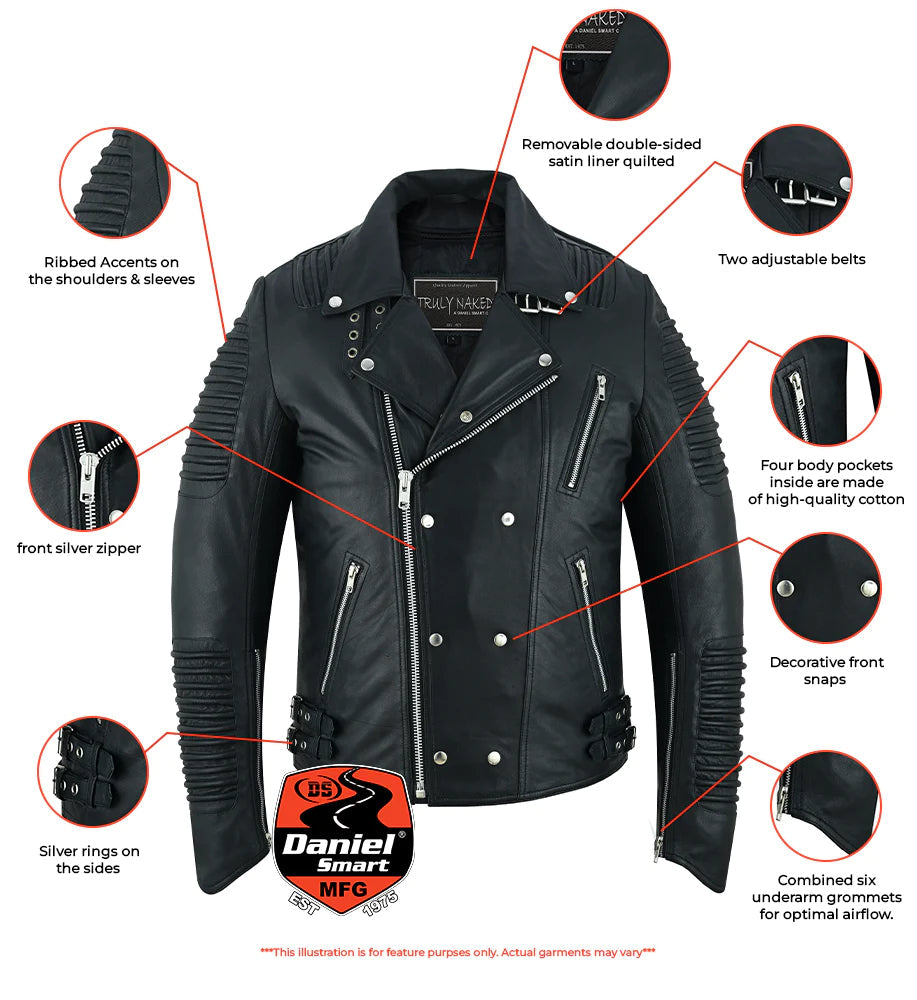 Black Ace Men's Black Fashion Leather Jacket with Ribbed Accents-Daniel Smart Mfg - Retail