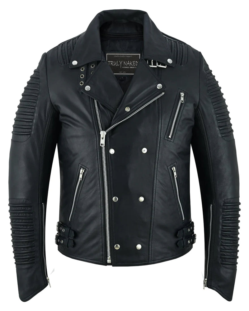 Black Ace Men's Black Fashion Leather Jacket with Ribbed Accents-Daniel Smart Mfg - Retail