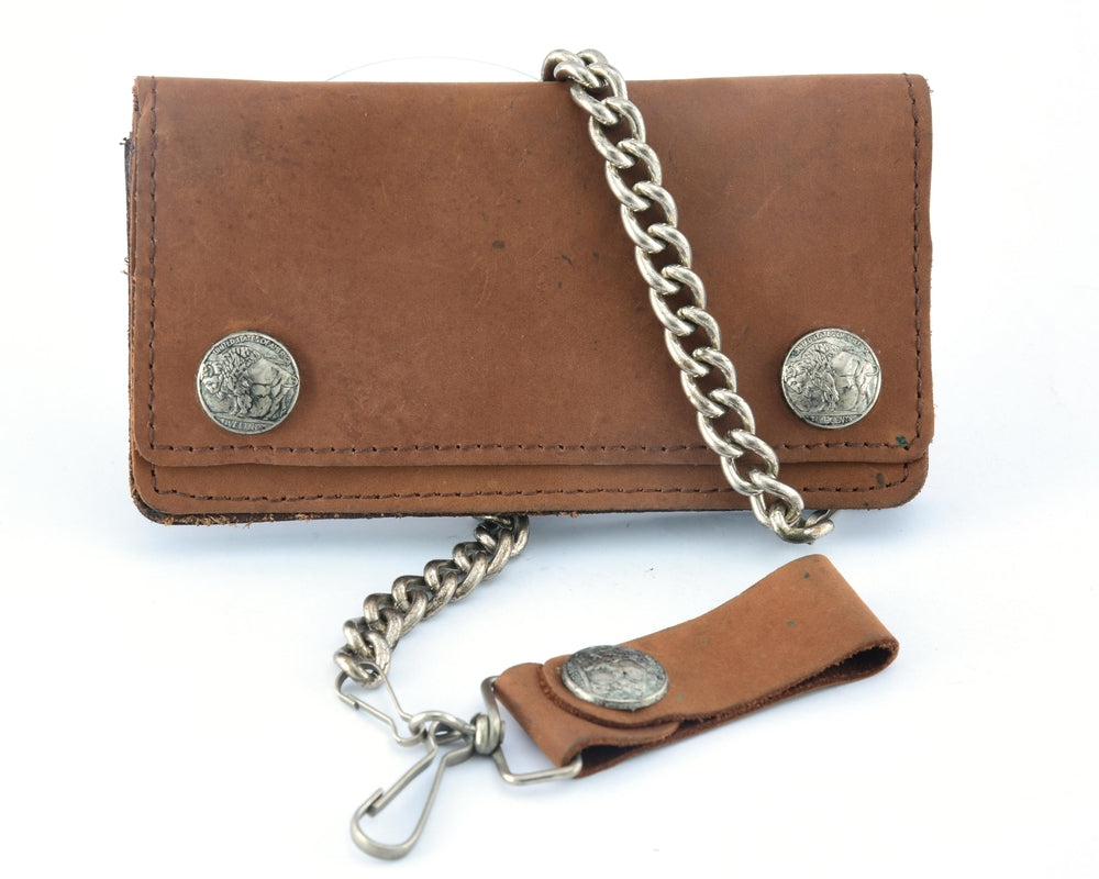 BWC231 Buffalo Nickel Snap Brown Leather Long Bi-Fold Biker Wallet-Daniel Smart Mfg - Retail