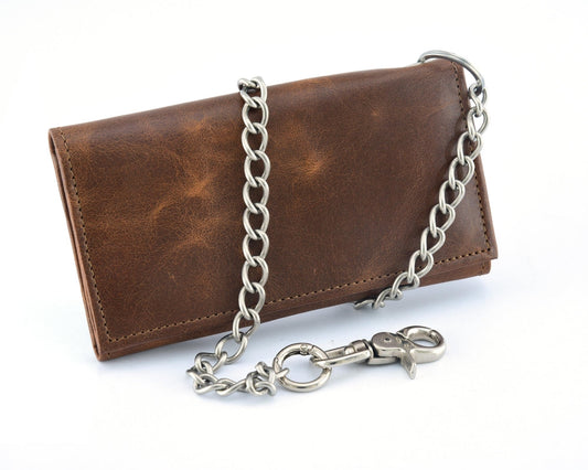 BWC234 Brown Long Bi-Fold Biker Leather Chain Wallet-Daniel Smart Mfg - Retail