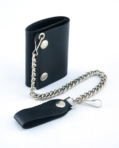 BWC235 Black Tri-Fold Genuine Leather Wallet with Chain-wallets-Daniel Smart Mfg - Retail